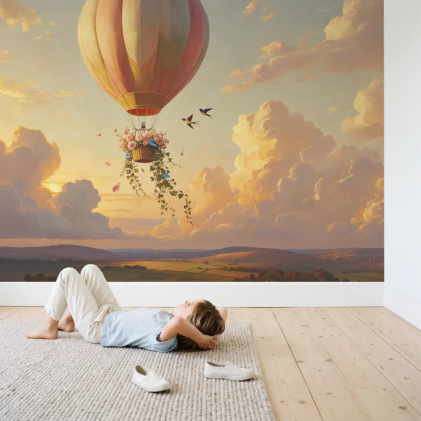 Child in nursery with Flower Basket Balloon Wallpaper Mural by Whimsy Tots