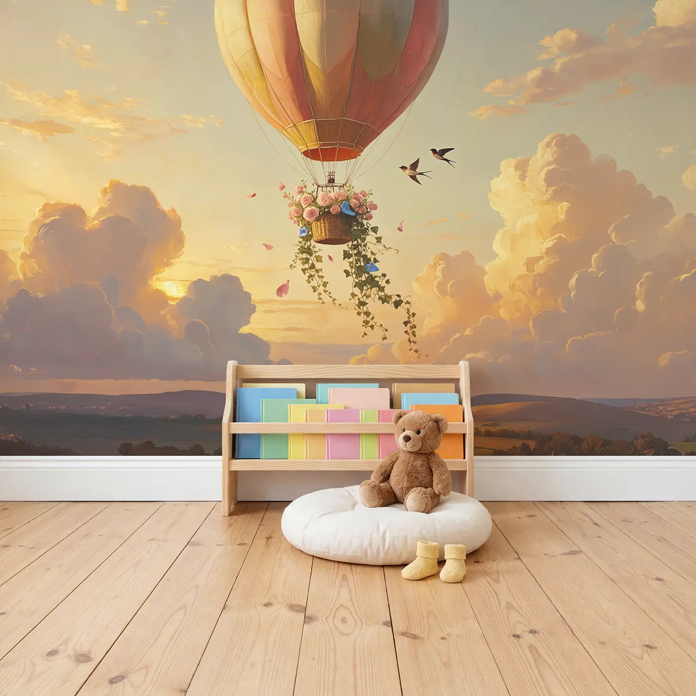 Flower Basket Balloon Wallpaper Mural in playroom setting by Whimsy Tots