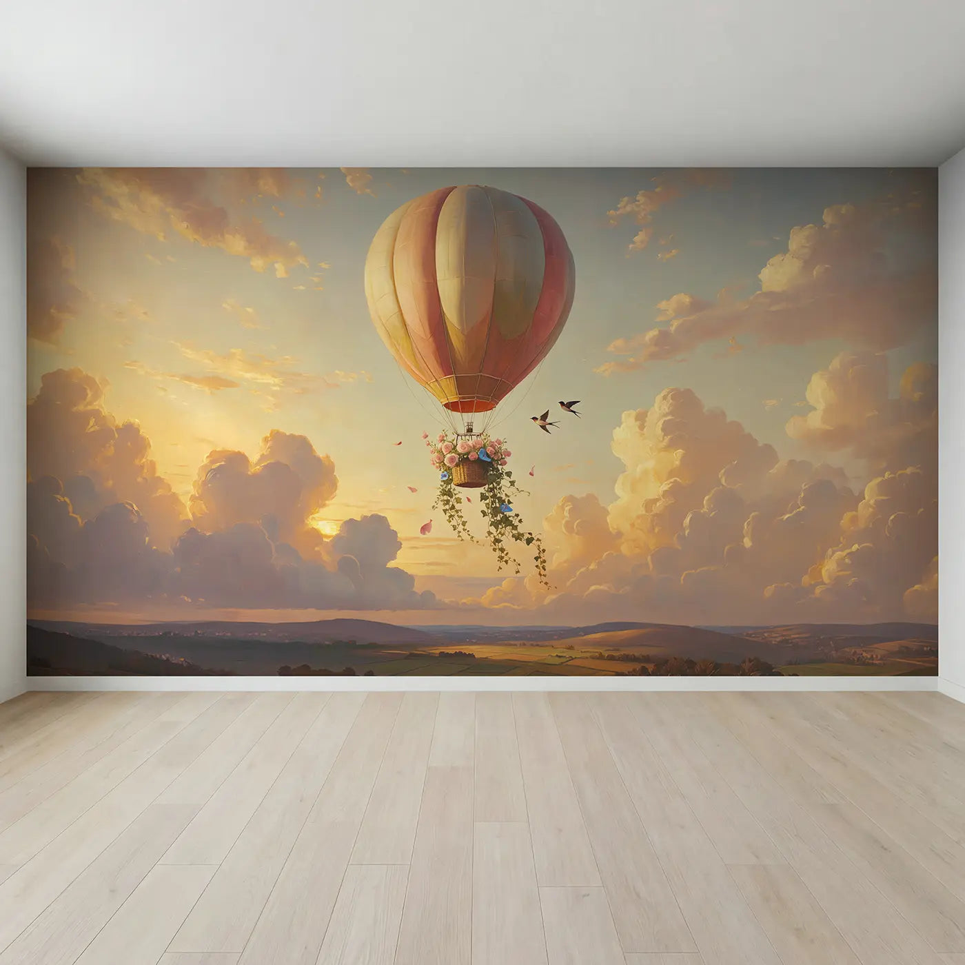 Full view of Flower Basket Balloon Wallpaper Mural by Whimsy Tots