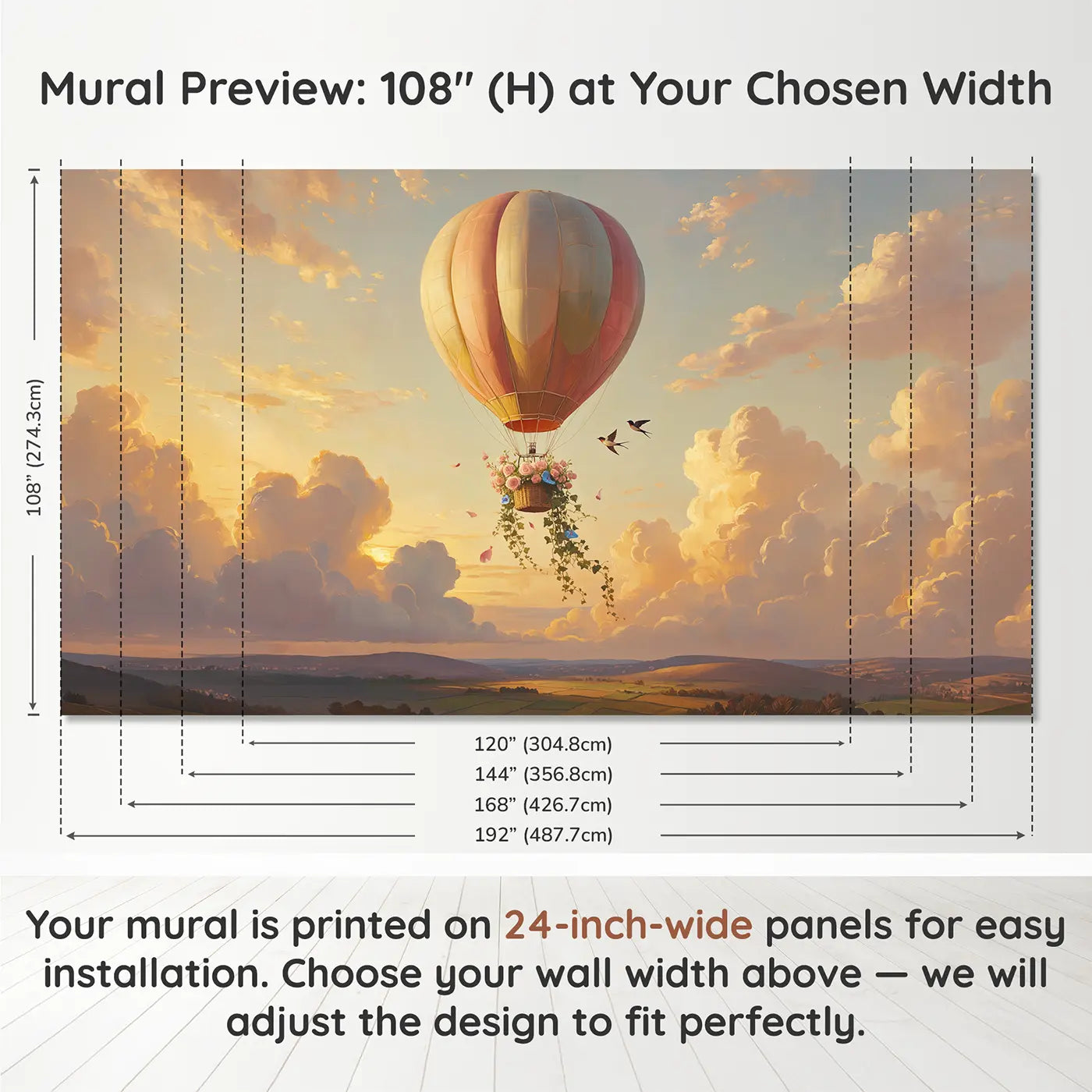 Panel layout and dimensions for Flower Basket Balloon Wallpaper Mural by Whimsy Tots
