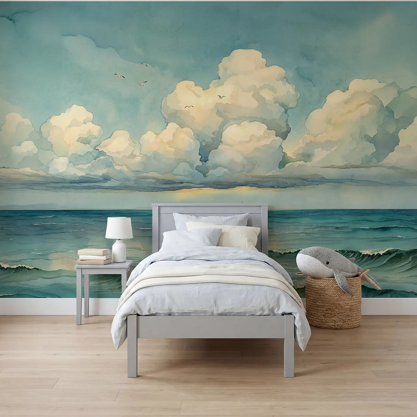 Watercolor maritime cloud panorama wallpaper mural for kids room by Whimsy Tots