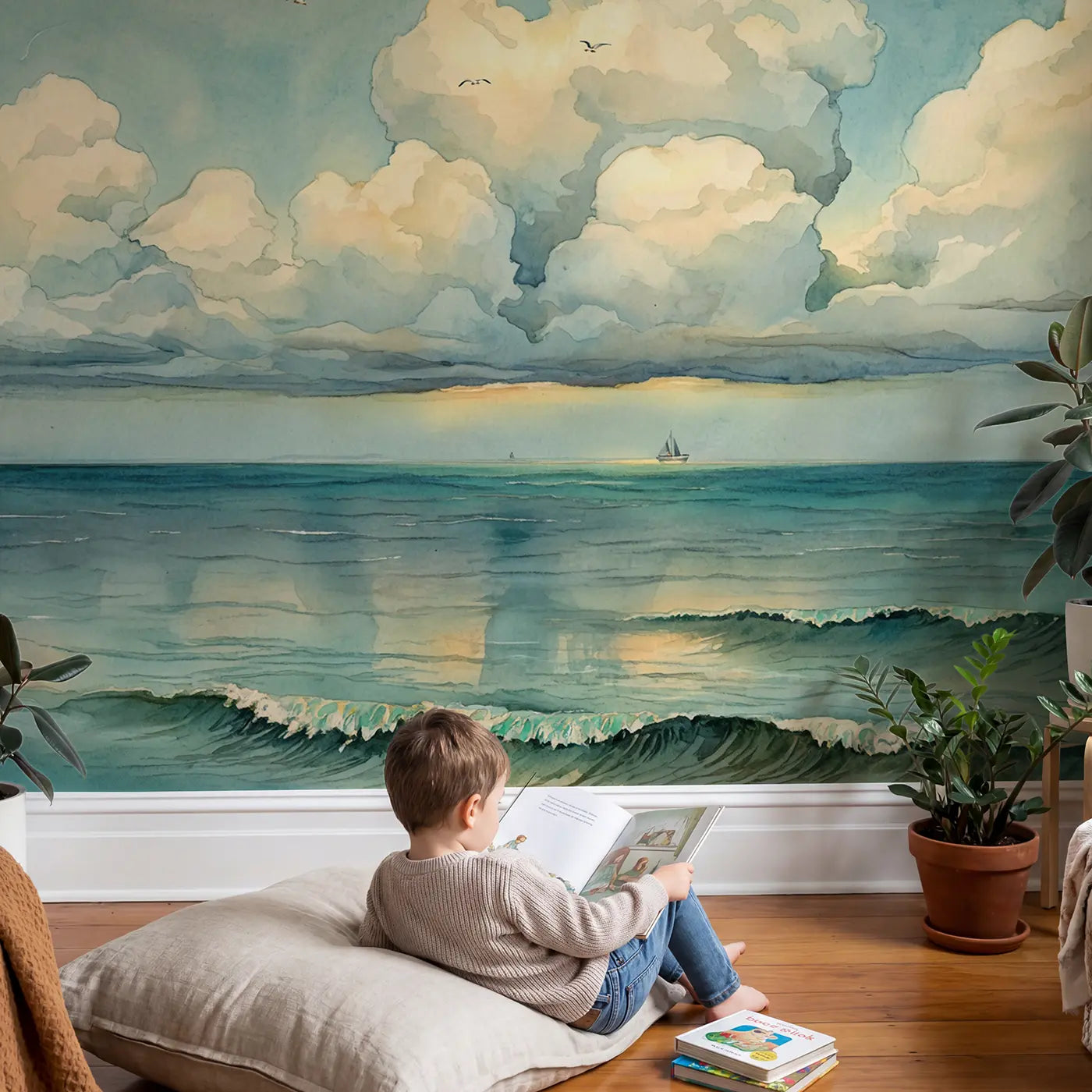 Child in nursery with Maritime Cloud Panorama Wallpaper Mural by Whimsy Tots