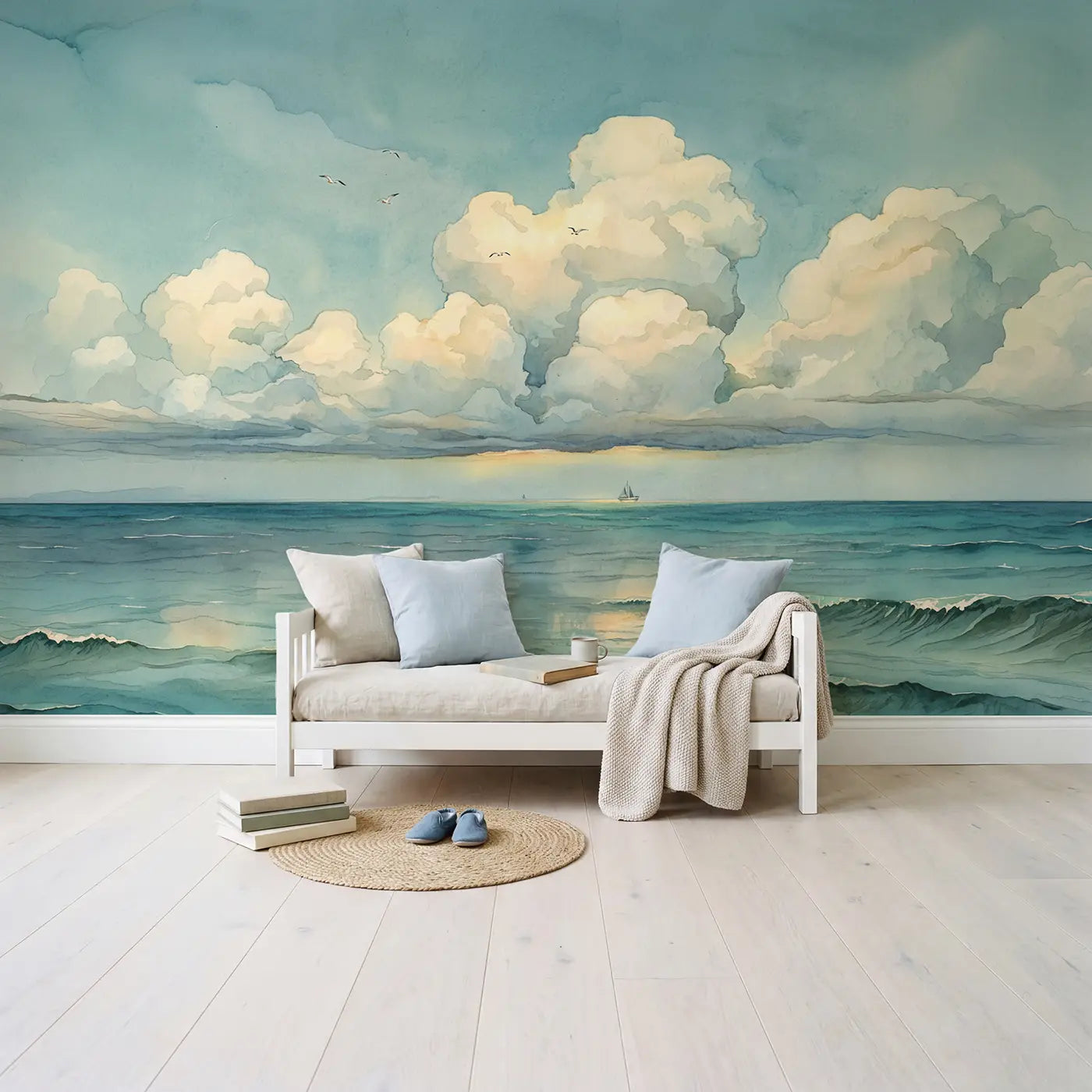 Maritime Cloud Panorama Wallpaper Mural in playroom setting by Whimsy Tots
