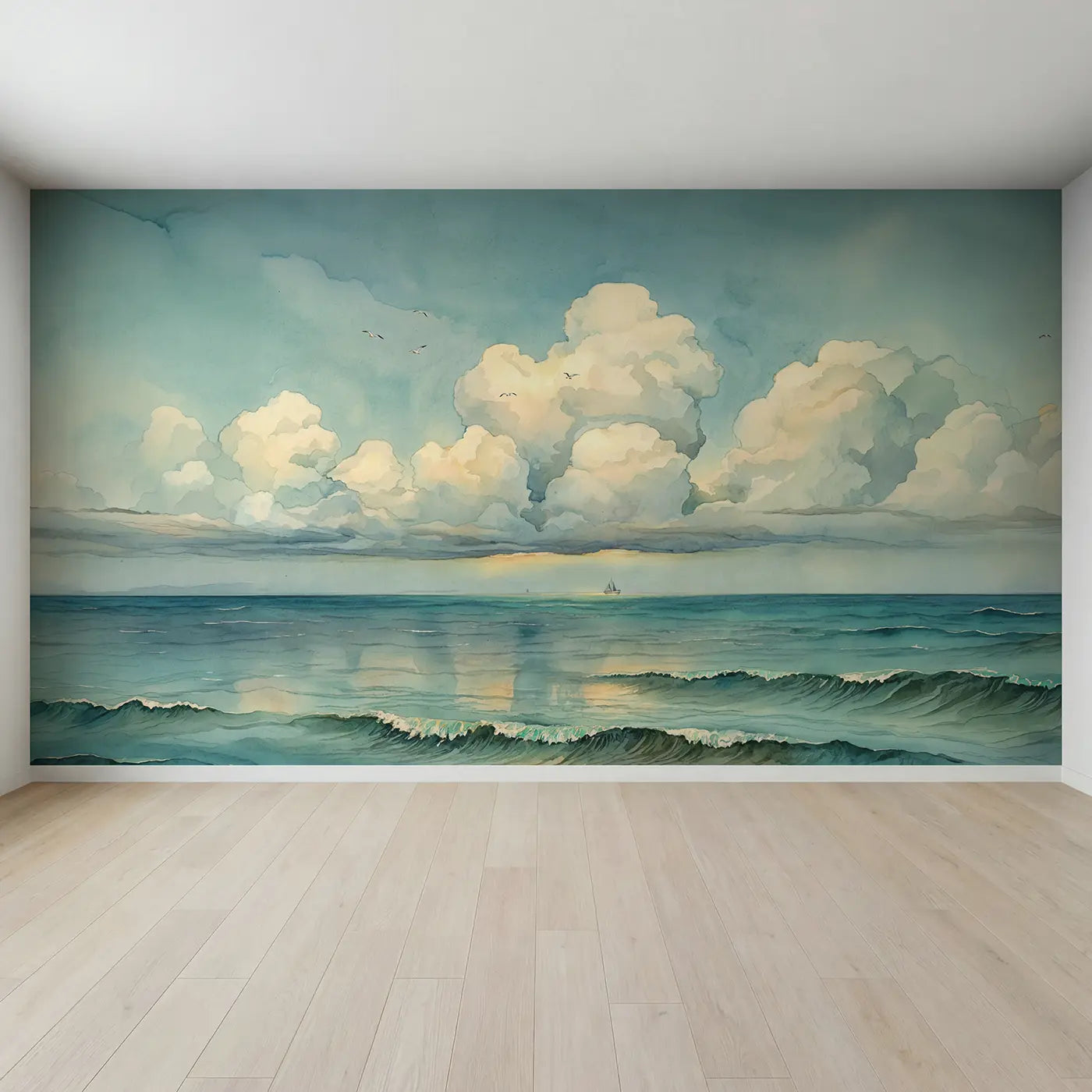 Full view of Maritime Cloud Panorama Wallpaper Mural by Whimsy Tots
