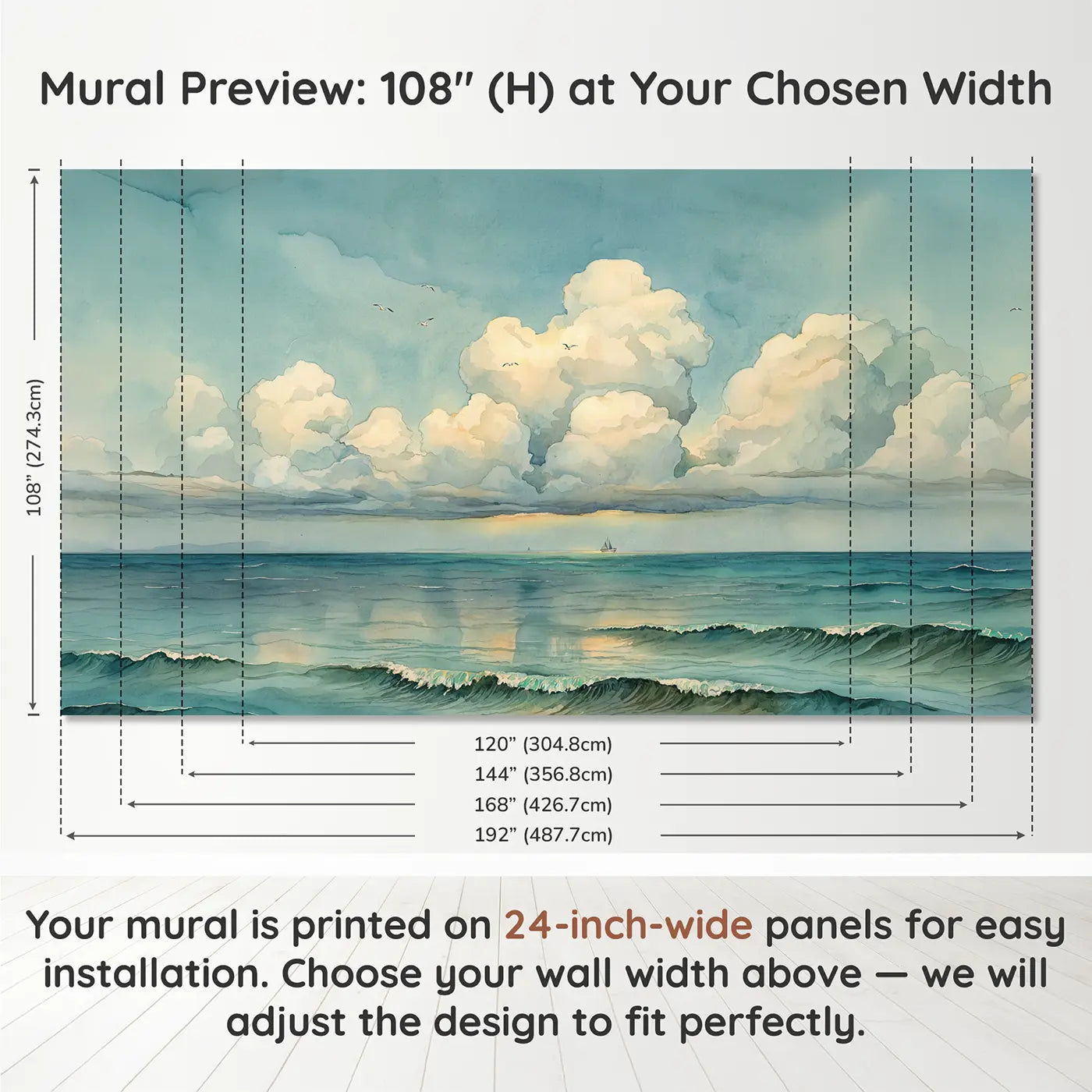 Panel layout and dimensions for Maritime Cloud Panorama Wallpaper Mural by Whimsy Tots