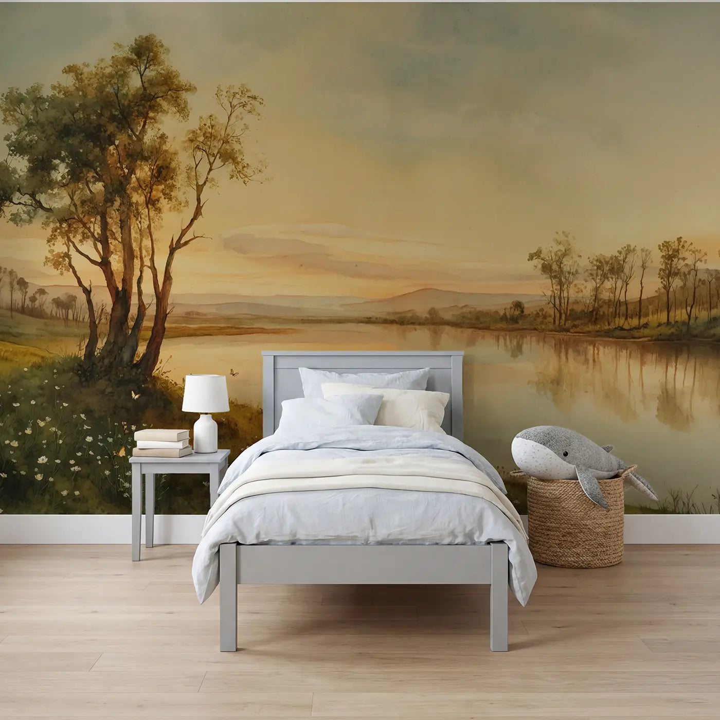Watercolor sky reflected still lake clouds wallpaper mural for kids room by Whimsy Tots