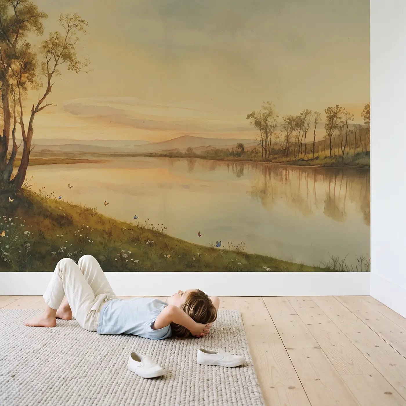 Child in nursery with Sky Reflected Perfectly Still Wallpaper Mural by Whimsy Tots