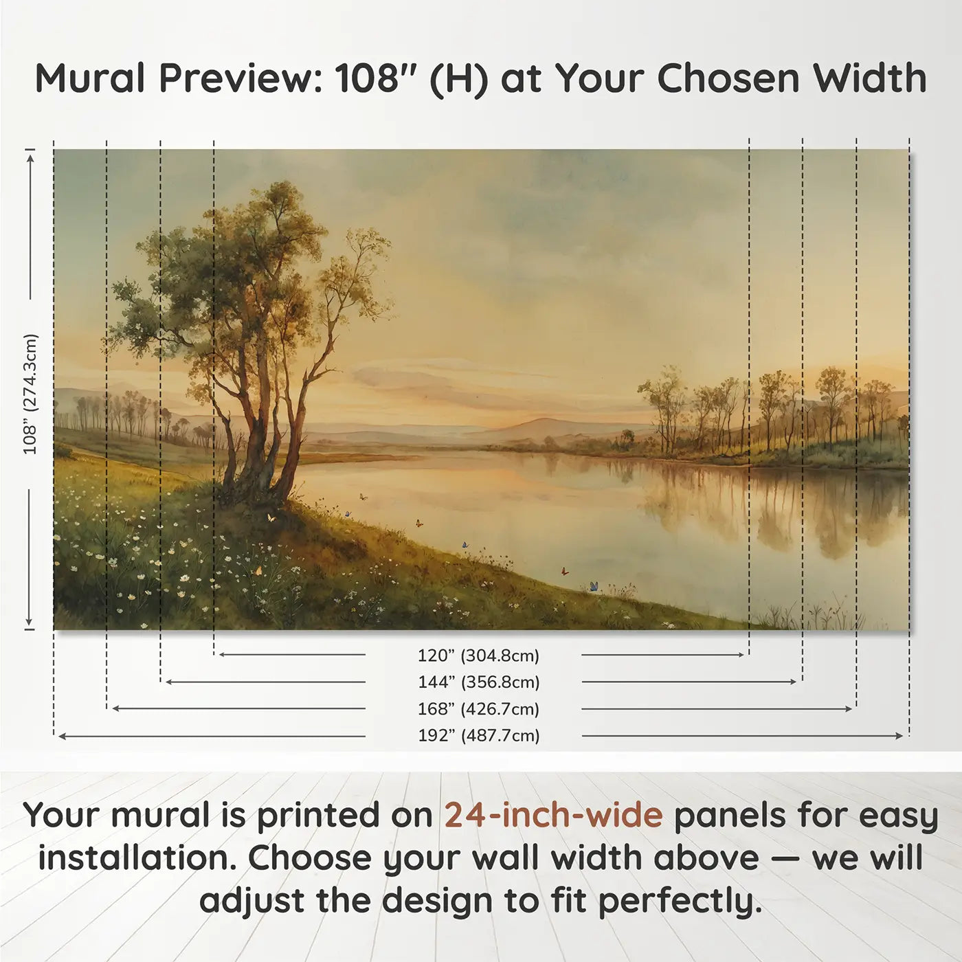 Panel layout and dimensions for Sky Reflected Perfectly Still Wallpaper Mural by Whimsy Tots