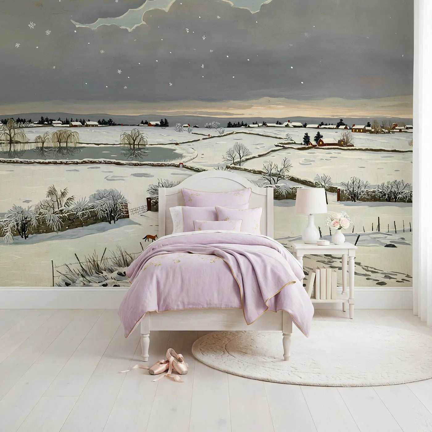 Gouache illustration cloud and snow wallpaper mural for girls room by Whimsy Tots