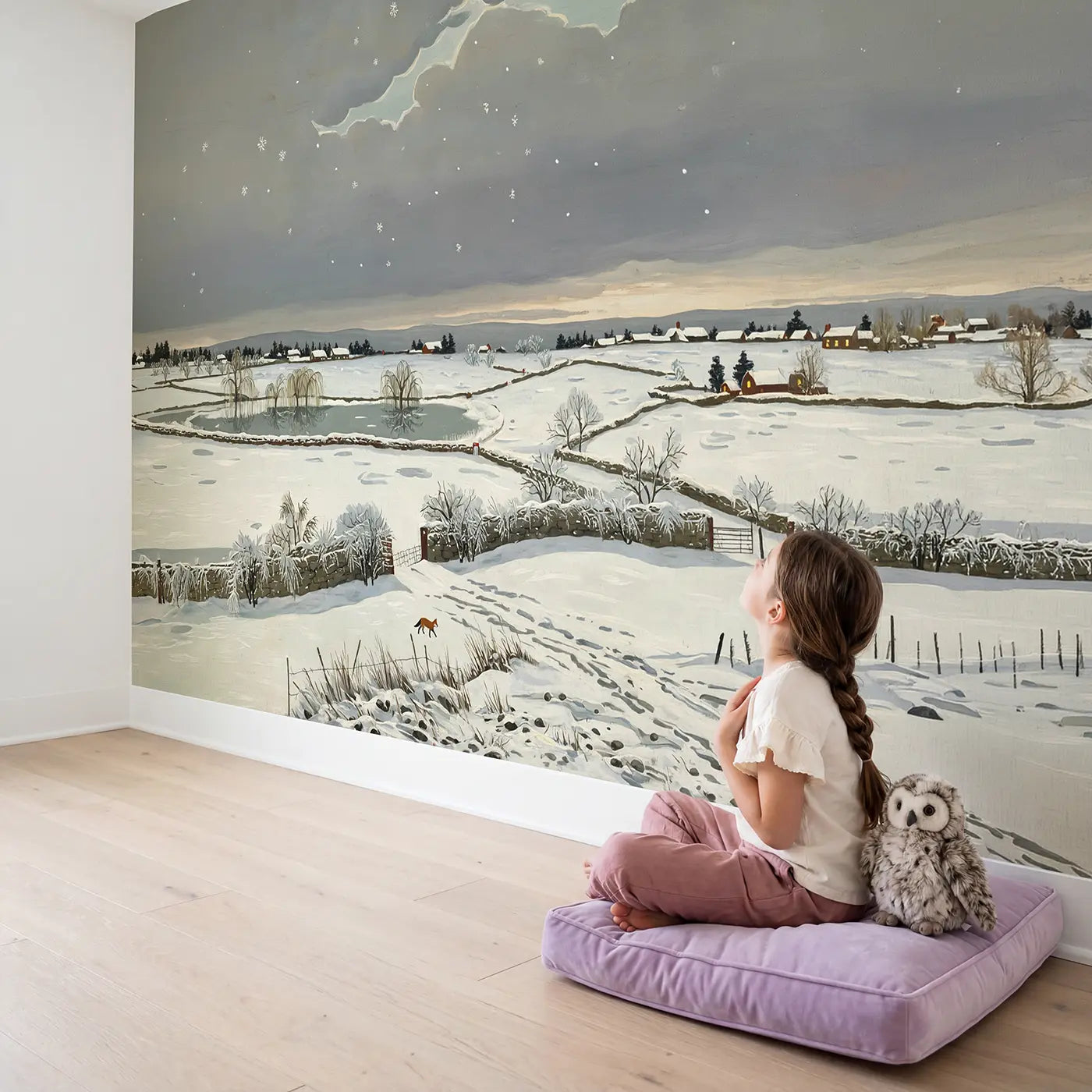 Child in nursery with Winter Snow Cloud Landscape Wallpaper Mural by Whimsy Tots