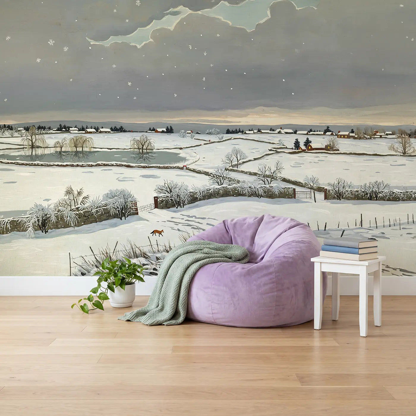Winter Snow Cloud Landscape Wallpaper Mural in playroom setting by Whimsy Tots