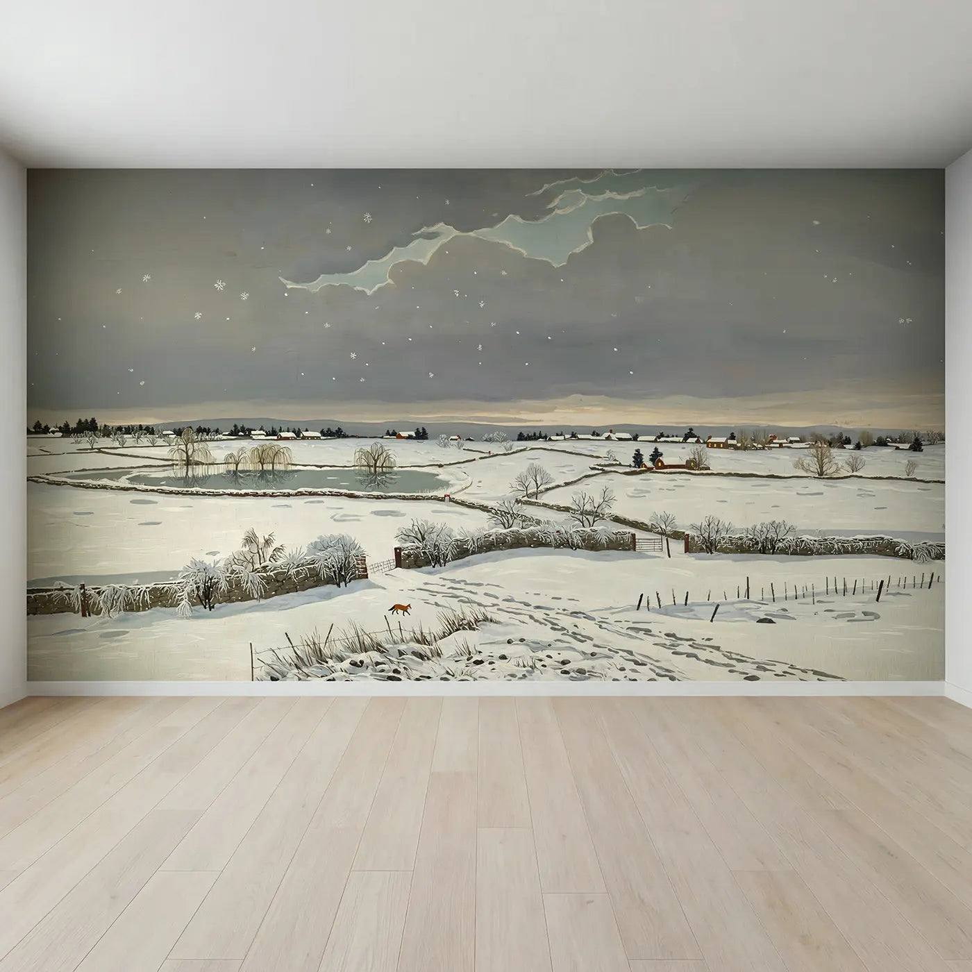 Full view of Winter Snow Cloud Landscape Wallpaper Mural by Whimsy Tots