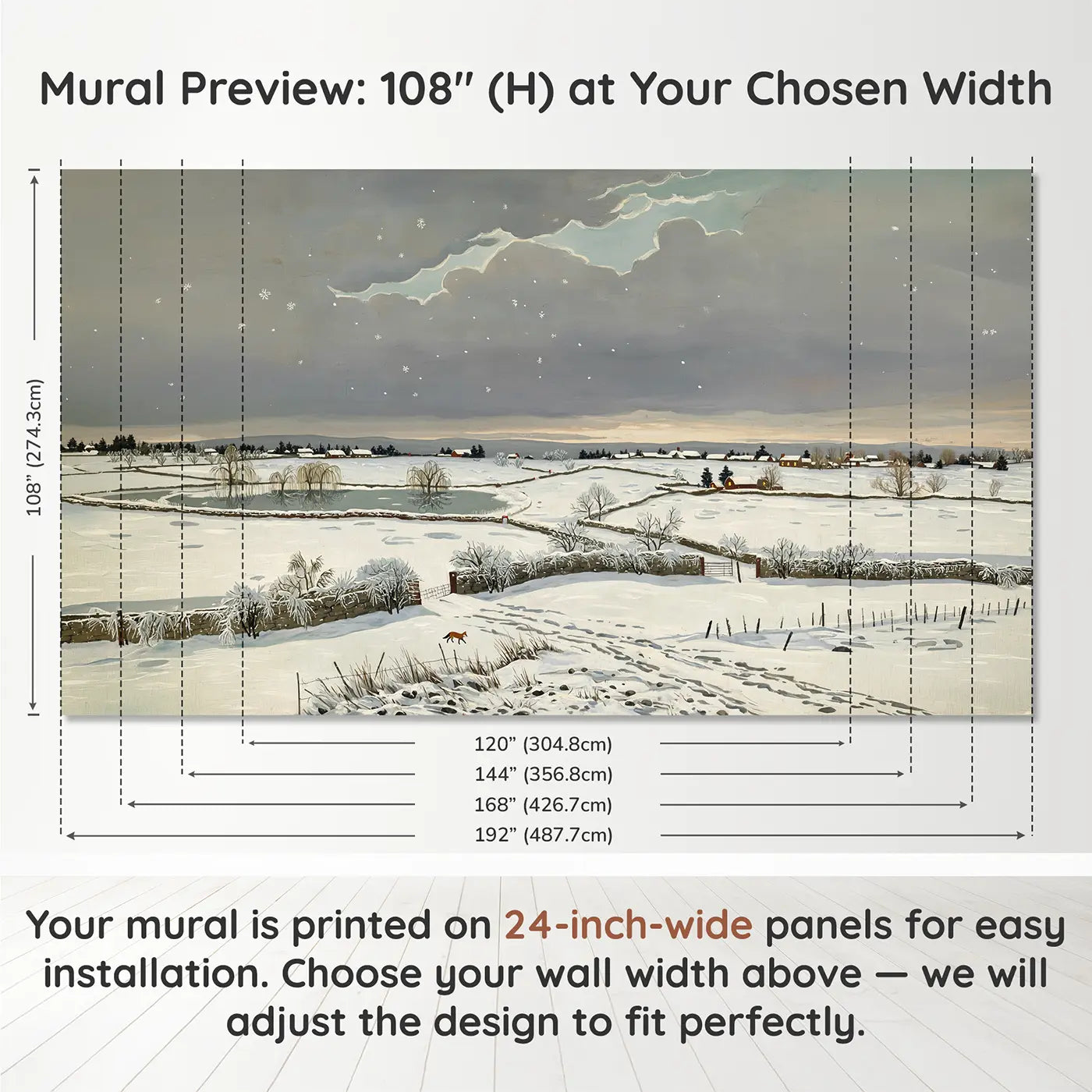 Panel layout and dimensions for Winter Snow Cloud Landscape Wallpaper Mural by Whimsy Tots