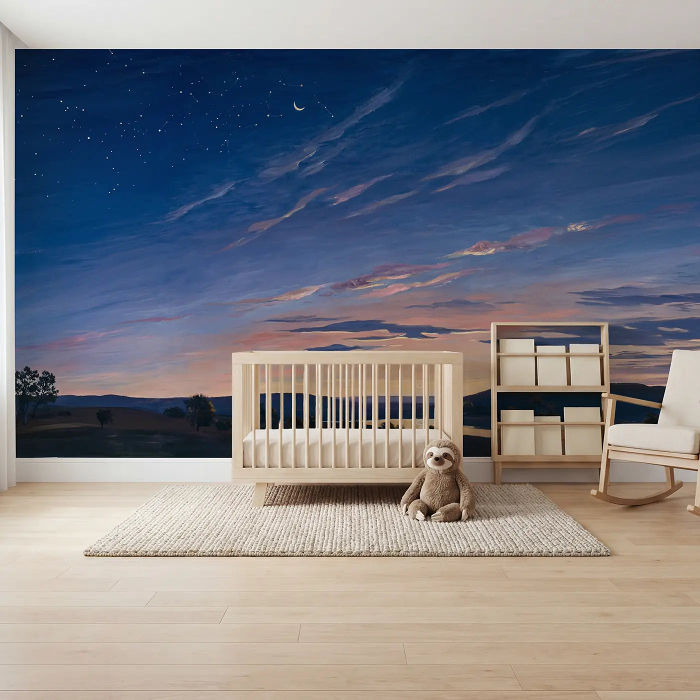 Modern illustration dawn sky gradient wallpaper mural for nursery by Whimsy Tots