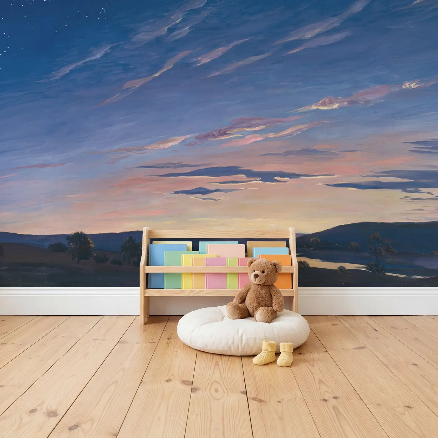 Dawn Sky Transition Wallpaper Mural in playroom setting by Whimsy Tots