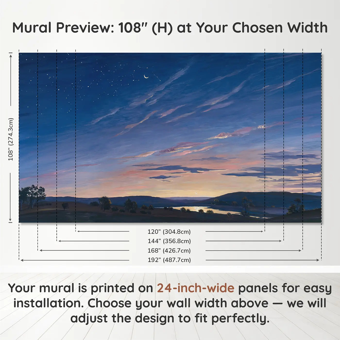 Panel layout and dimensions for Dawn Sky Transition Wallpaper Mural by Whimsy Tots