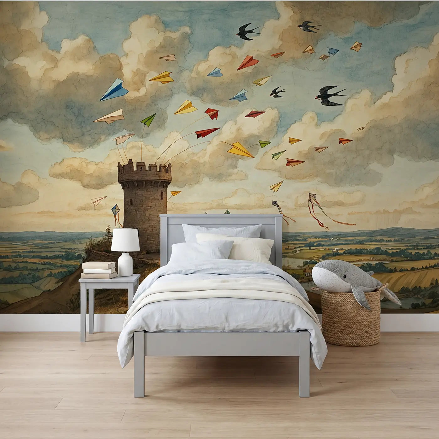 Storybook paper airplanes in clouds wallpaper mural for kids room by Whimsy Tots