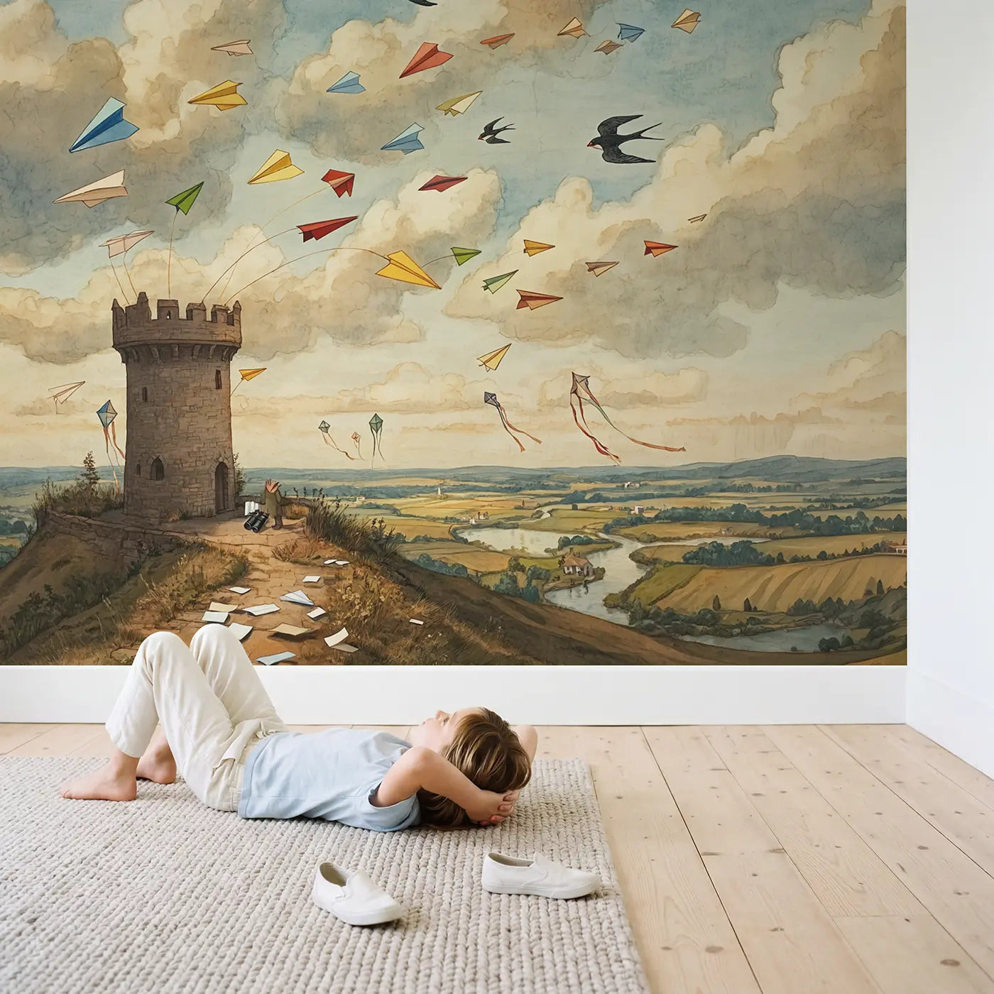 Child in nursery with Paper Airplane Cloud Tower Wallpaper Mural by Whimsy Tots