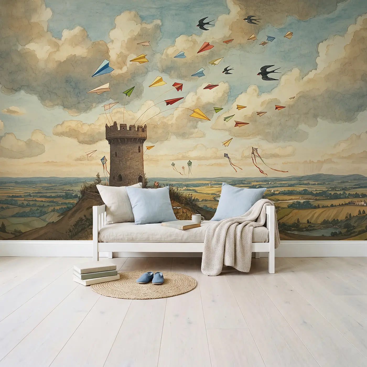Paper Airplane Cloud Tower Wallpaper Mural in playroom setting by Whimsy Tots