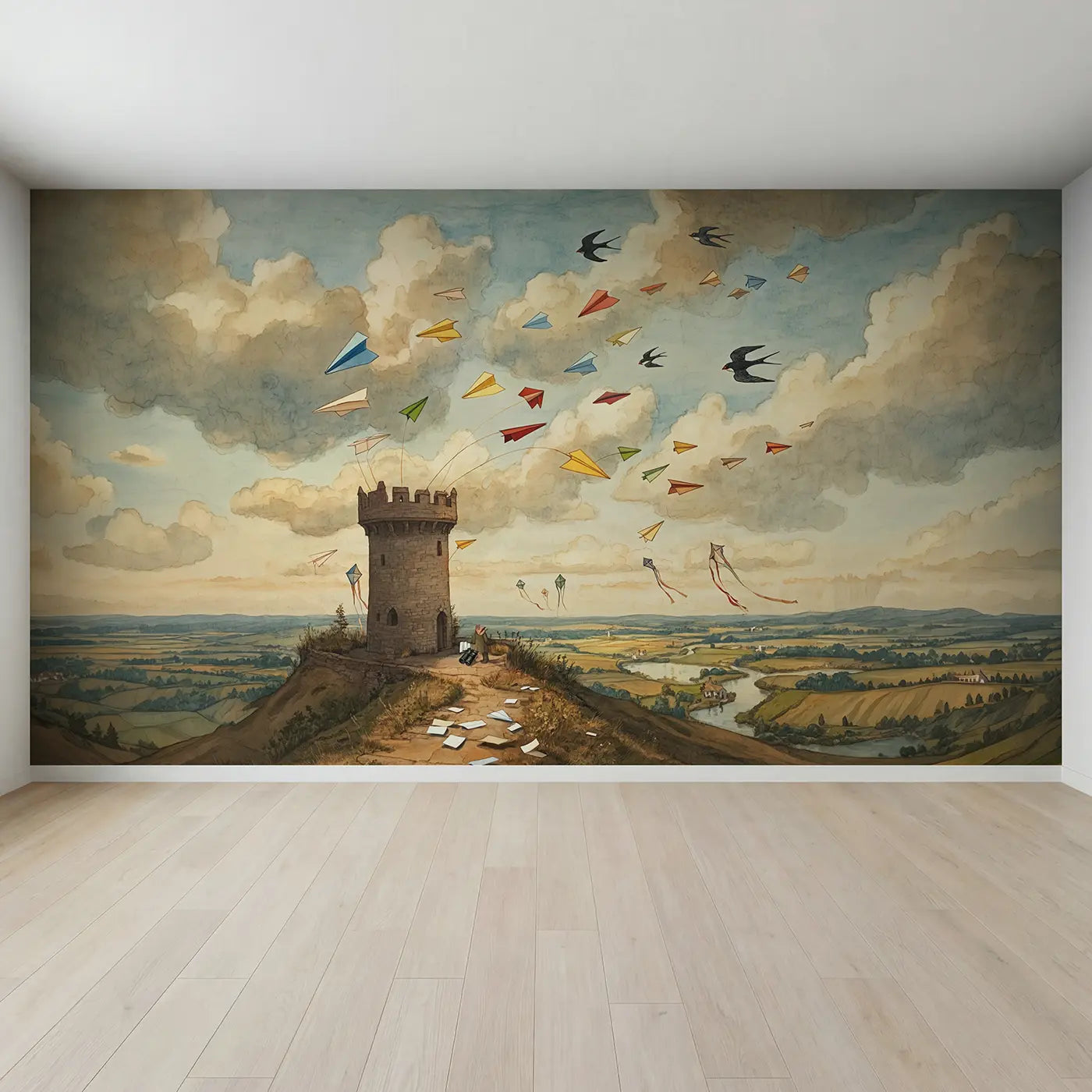 Full view of Paper Airplane Cloud Tower Wallpaper Mural by Whimsy Tots