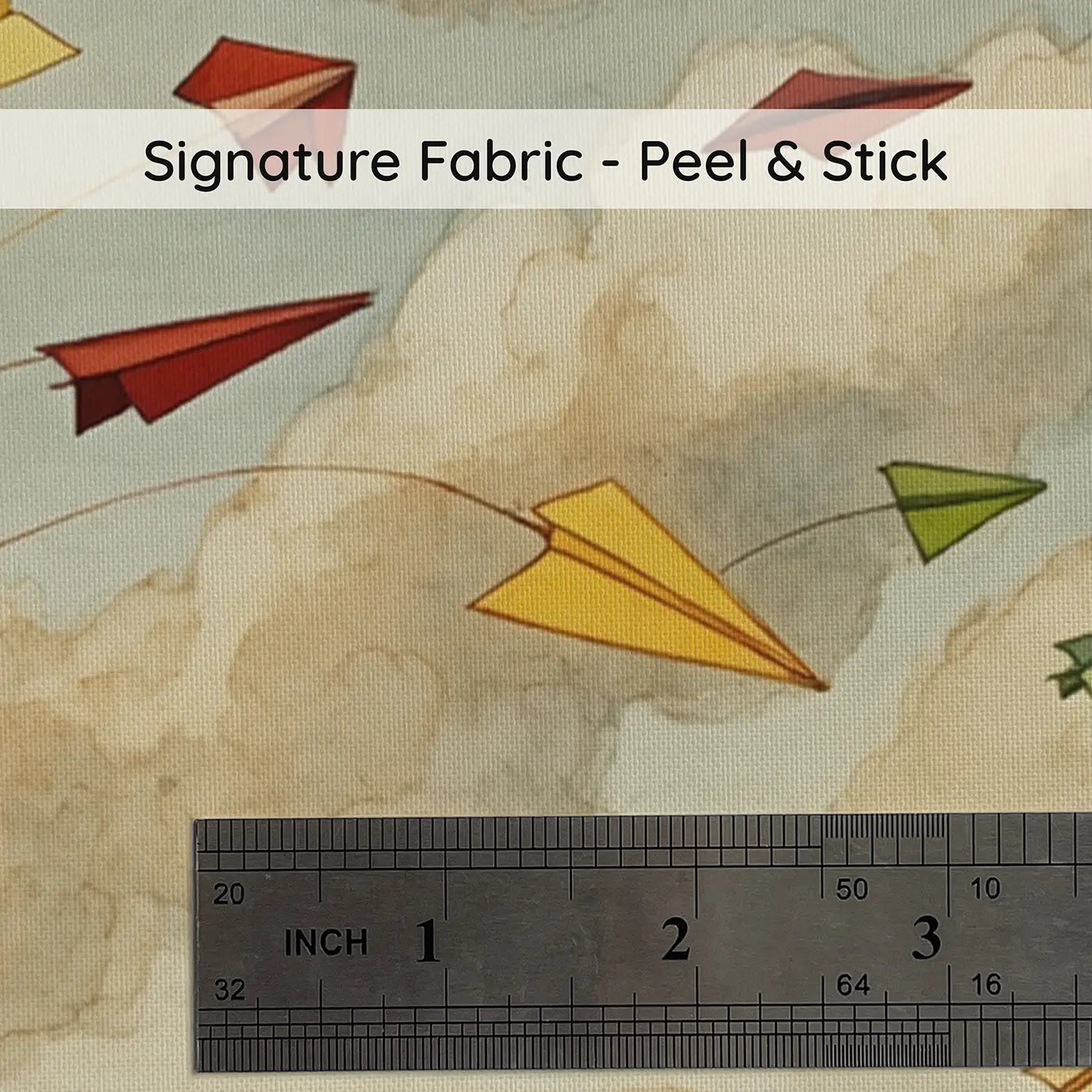 Fabric texture close-up of Paper Airplane Cloud Tower Wallpaper Mural by Whimsy Tots