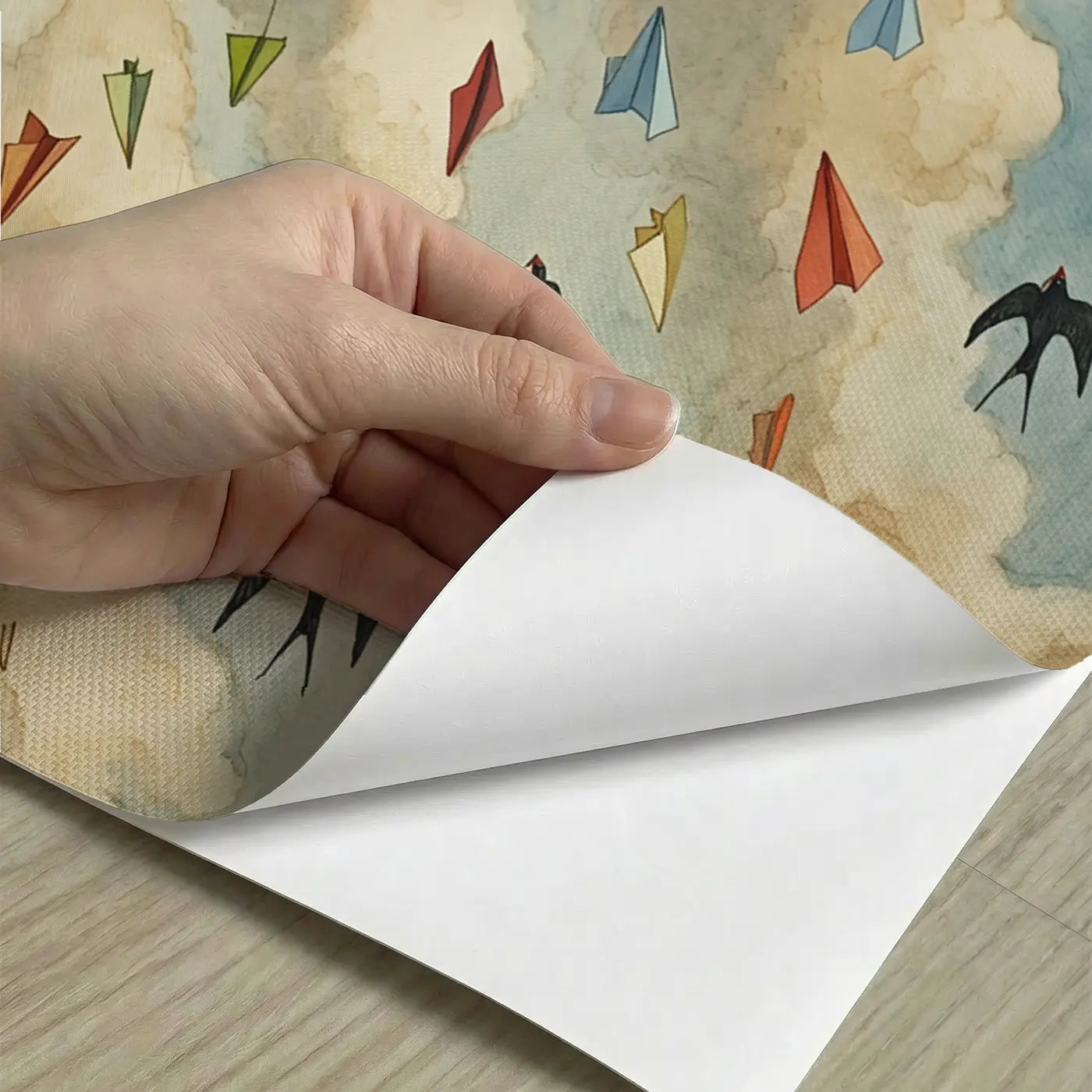 Peel-and-stick detail of Paper Airplane Cloud Tower Wallpaper Mural by Whimsy Tots