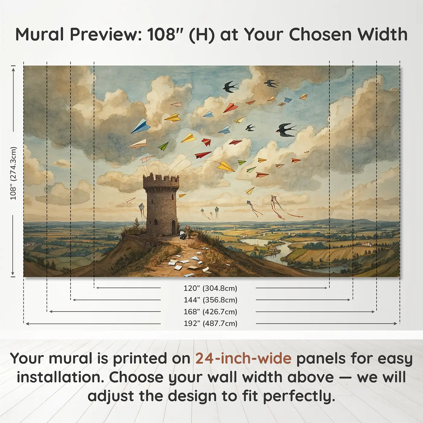 Panel layout and dimensions for Paper Airplane Cloud Tower Wallpaper Mural by Whimsy Tots