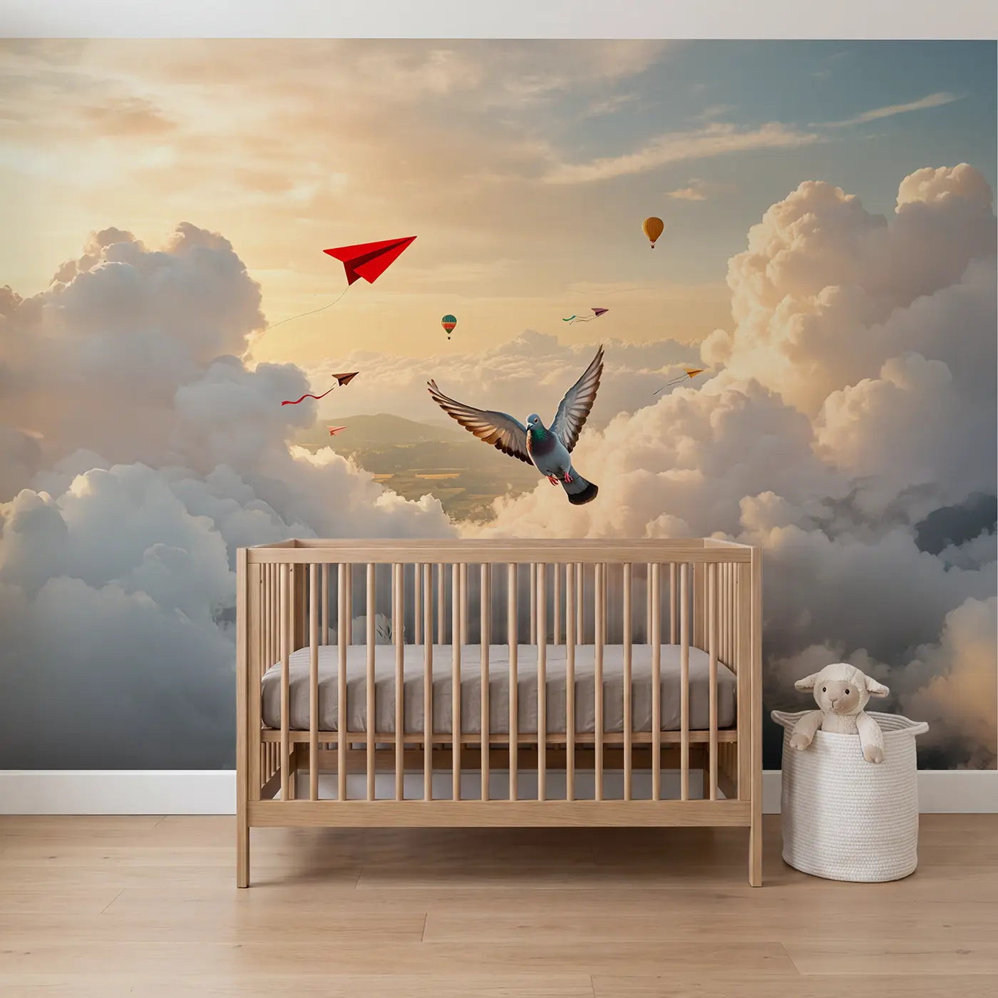 Soft pastel pigeon and paper airplane race wallpaper mural for nursery by Whimsy Tots