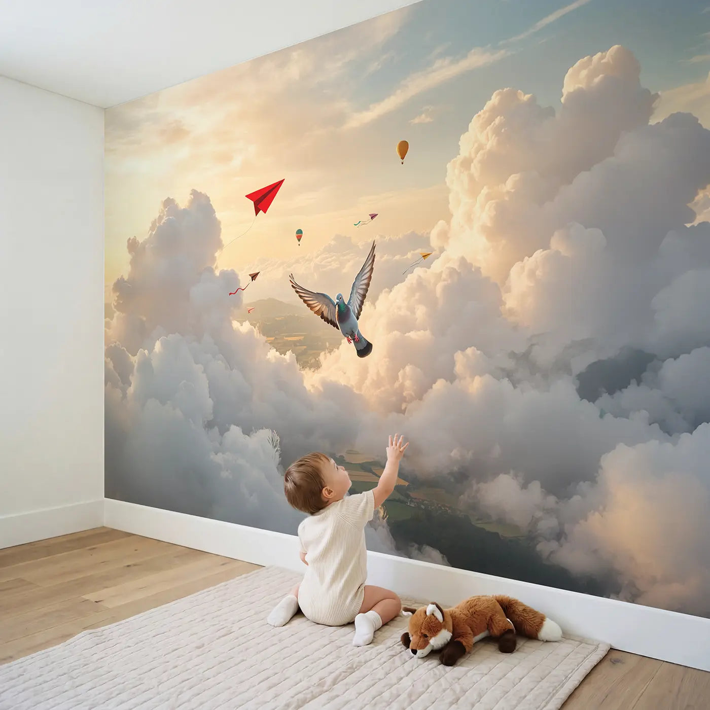 Child in nursery with Pigeon and Paper Airplane Race Wallpaper Mural by Whimsy Tots