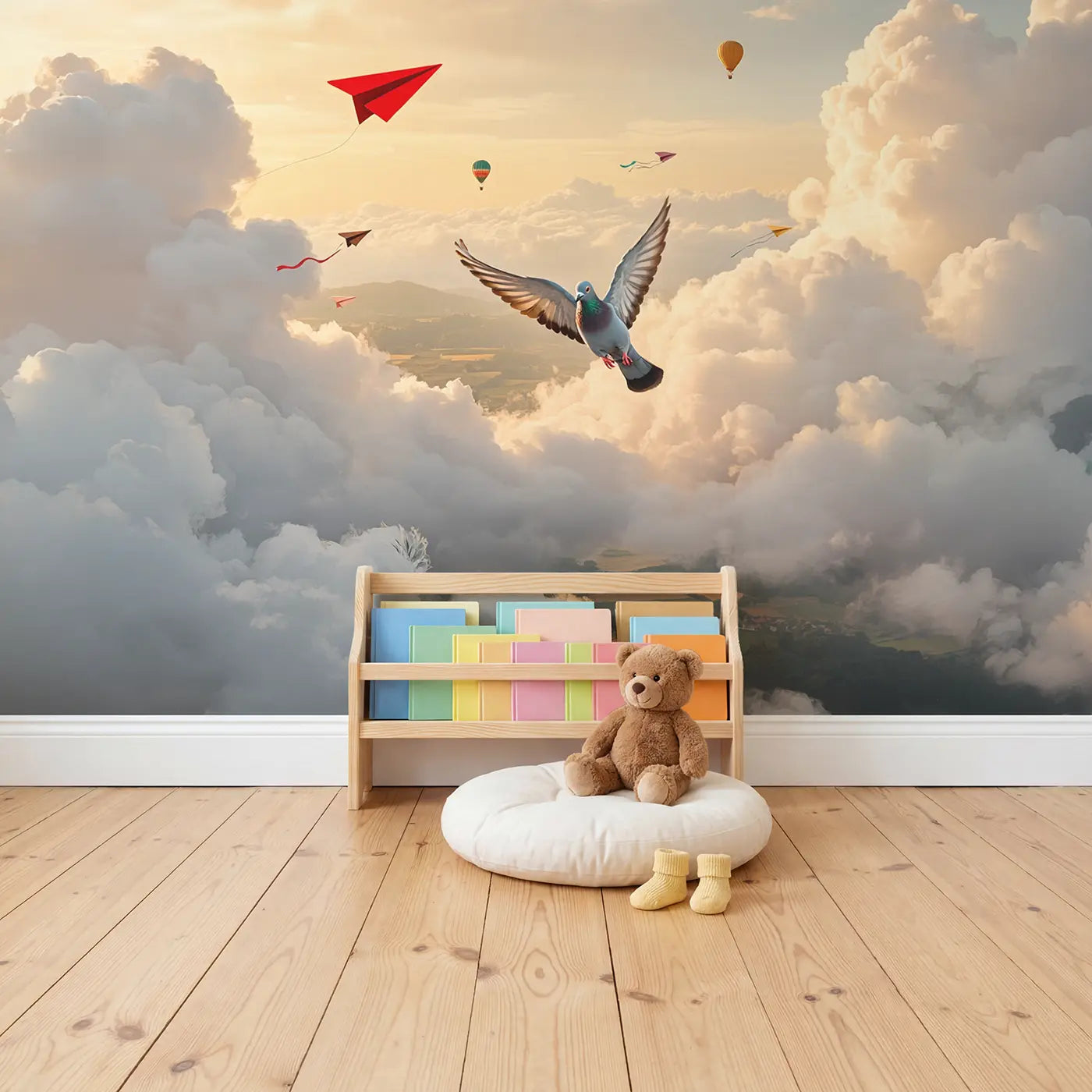 Pigeon and Paper Airplane Race Wallpaper Mural in playroom setting by Whimsy Tots
