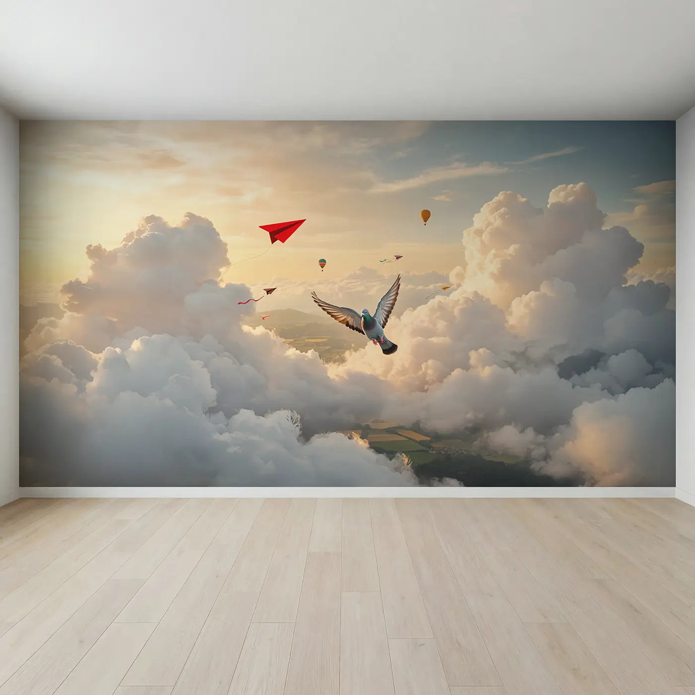 Full view of Pigeon and Paper Airplane Race Wallpaper Mural by Whimsy Tots