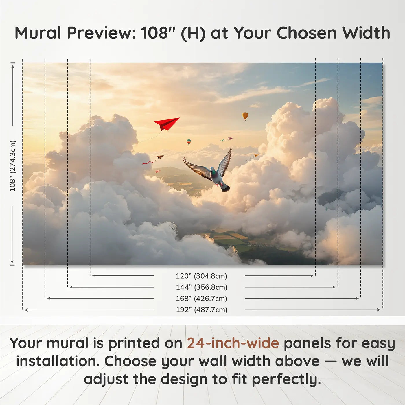 Panel layout and dimensions for Pigeon and Paper Airplane Race Wallpaper Mural by Whimsy Tots