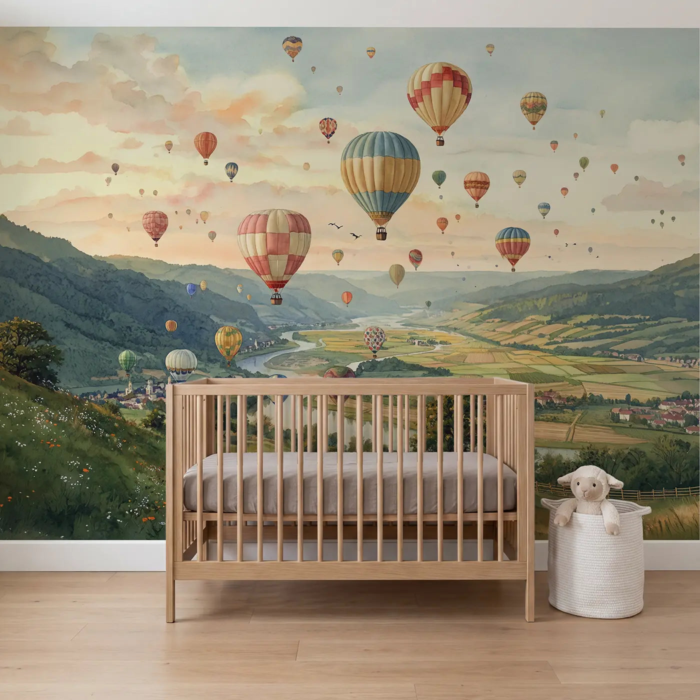 Watercolor balloon festival valley sunrise wallpaper mural for nursery by Whimsy Tots