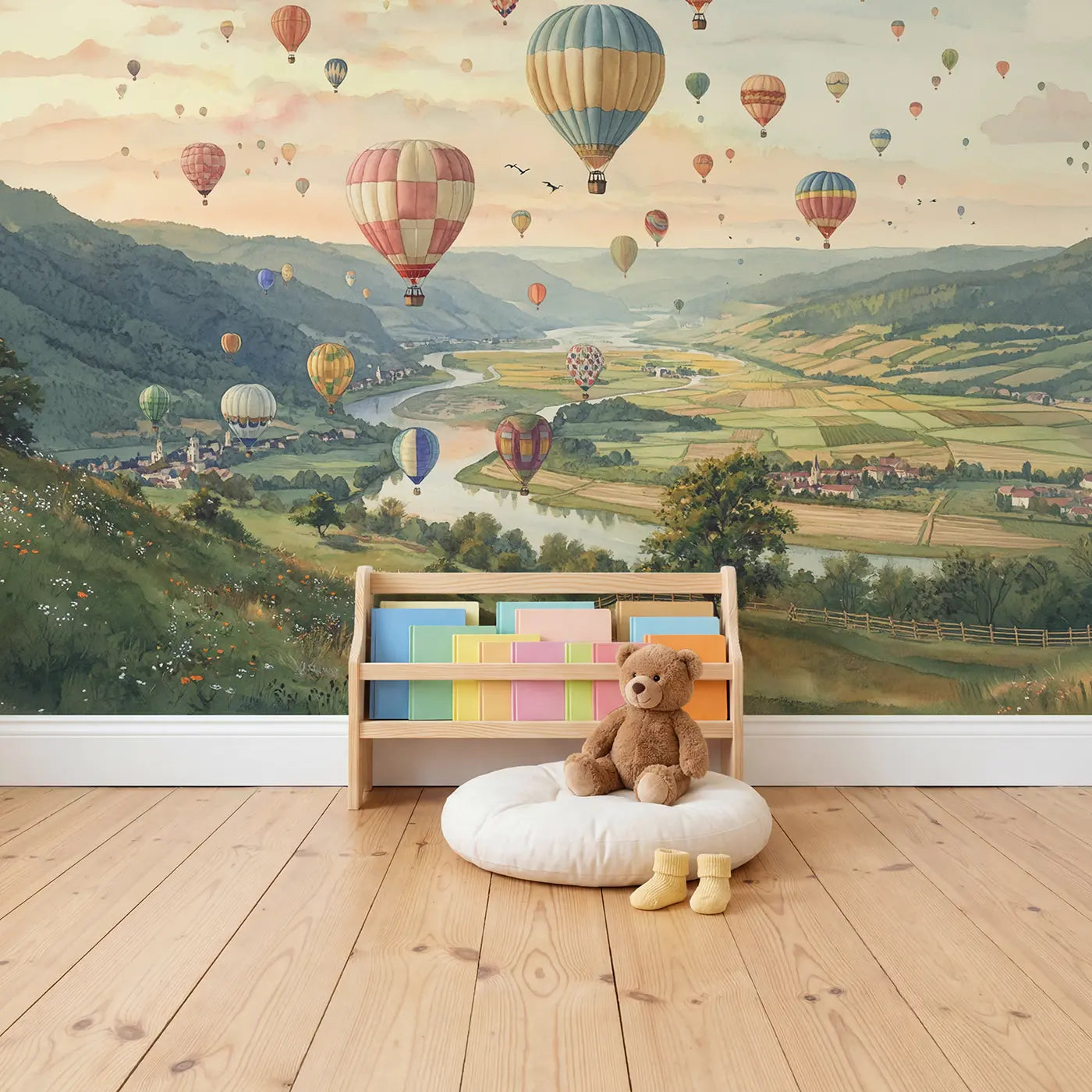 Valley Balloon Festival Wallpaper Mural in playroom setting by Whimsy Tots
