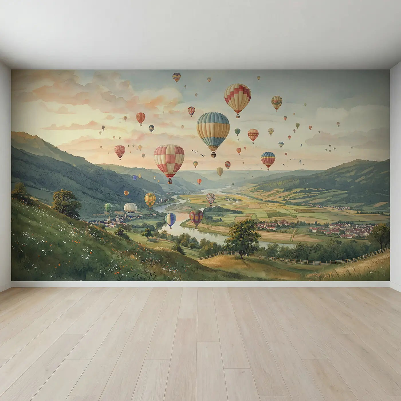 Full view of Valley Balloon Festival Wallpaper Mural by Whimsy Tots
