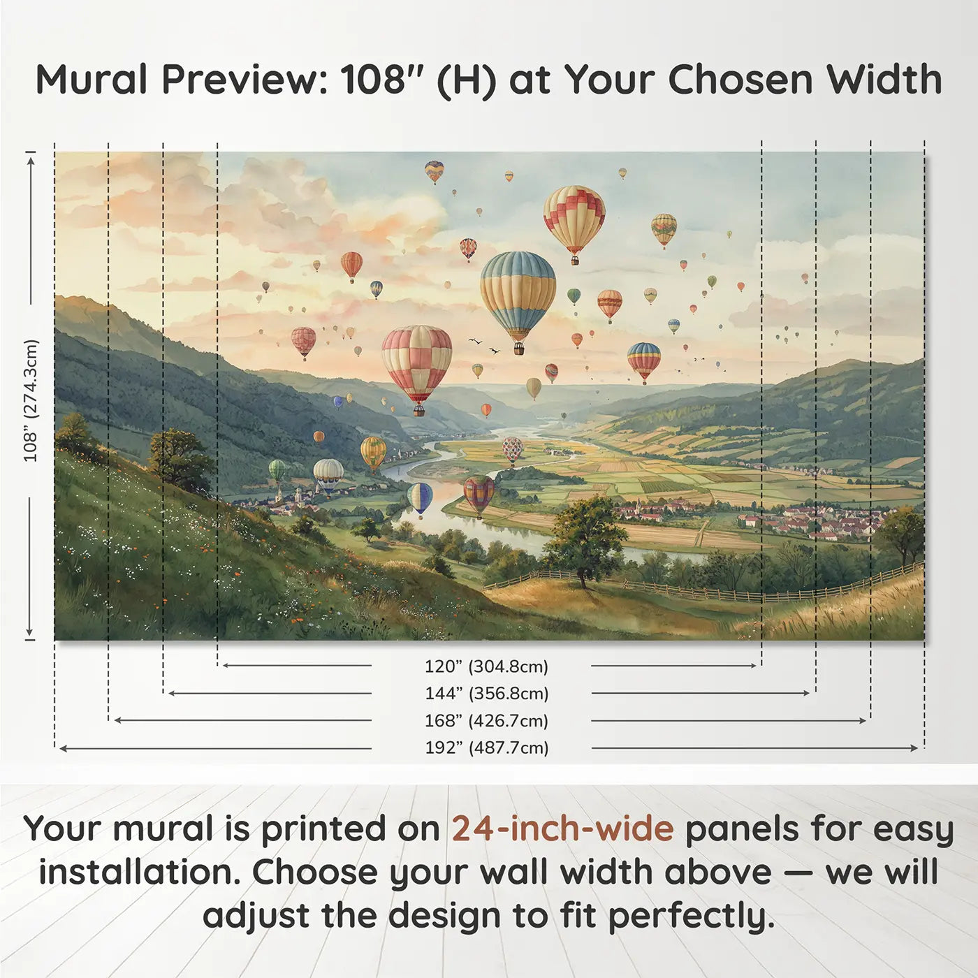 Panel layout and dimensions for Valley Balloon Festival Wallpaper Mural by Whimsy Tots