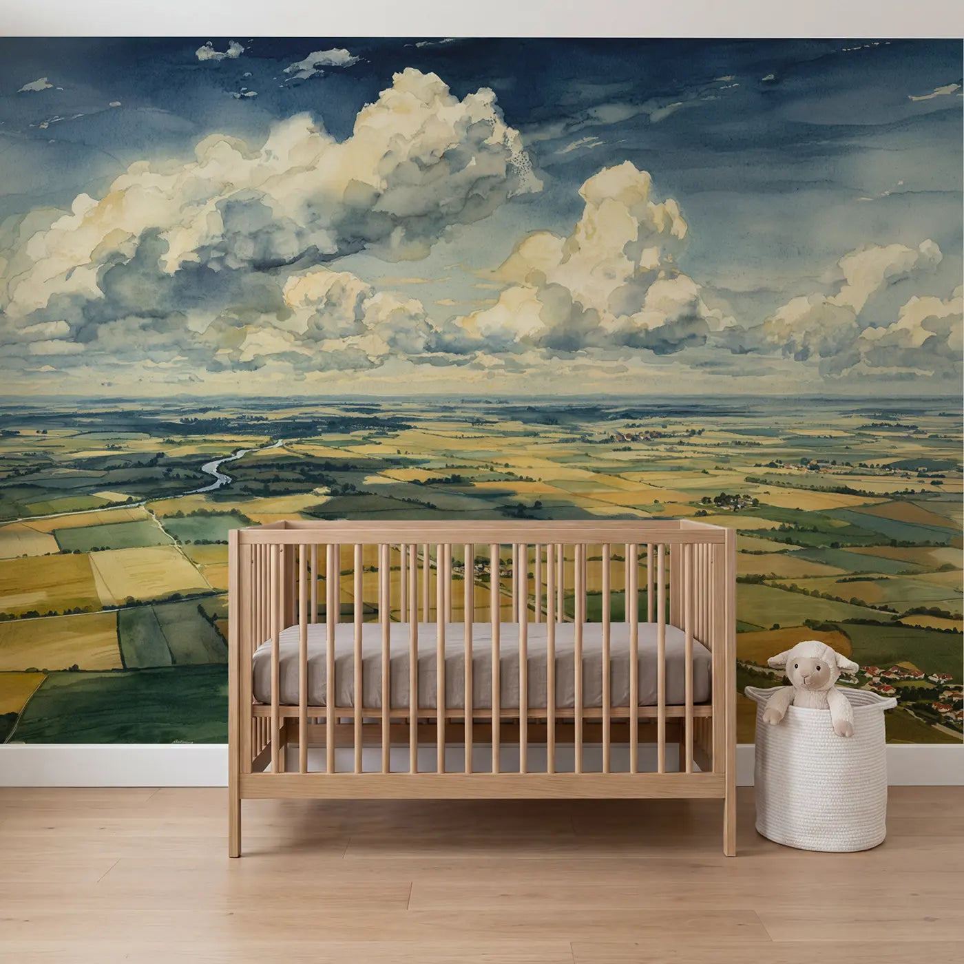 Watercolor cloud shadow farmland wallpaper mural for nursery by Whimsy Tots