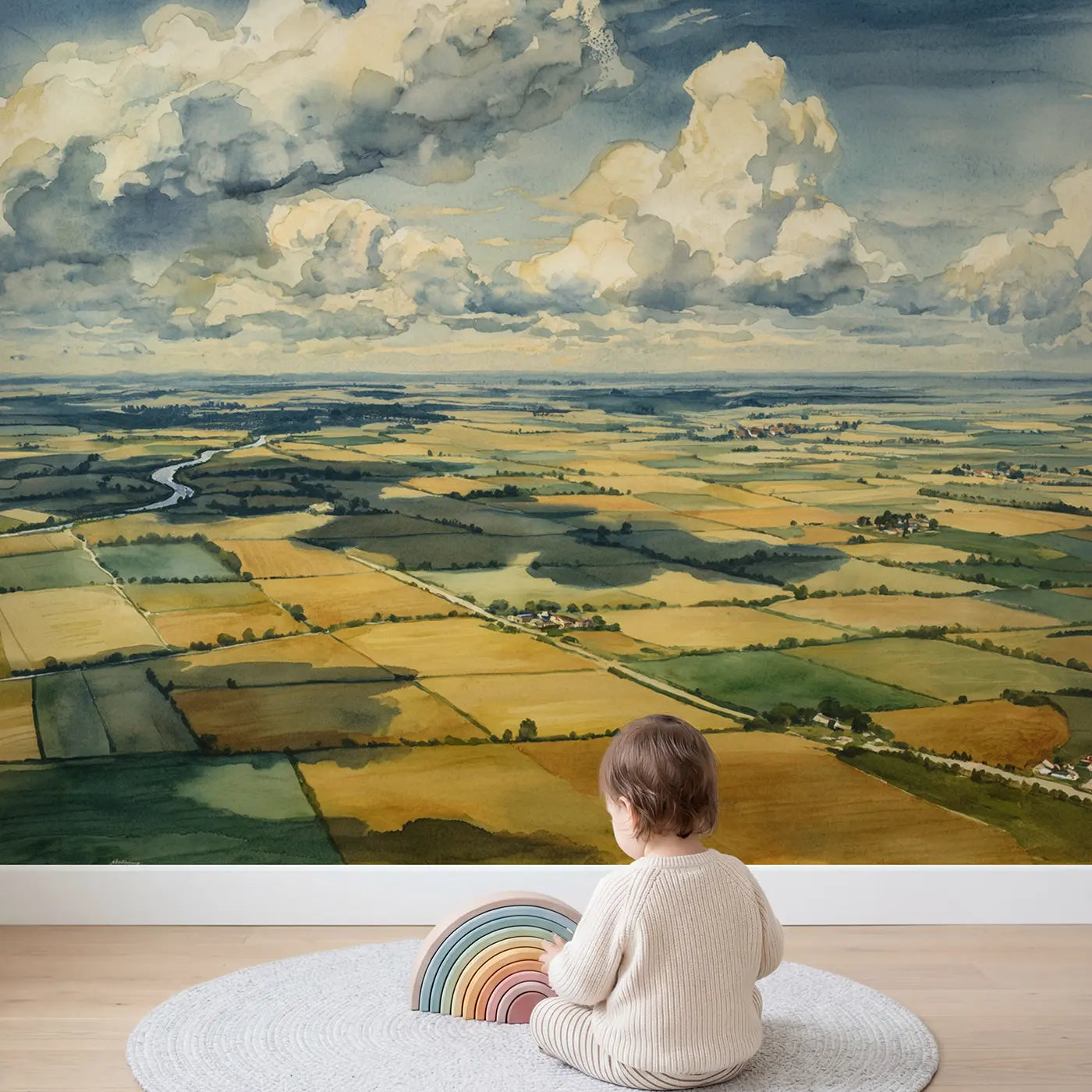 Child in nursery with Cloud Shadow Patchwork Wallpaper Mural by Whimsy Tots