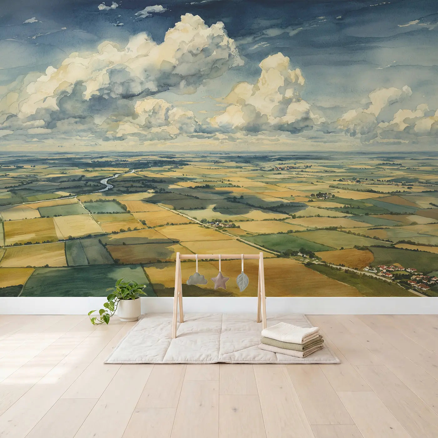 Cloud Shadow Patchwork Wallpaper Mural in playroom setting by Whimsy Tots