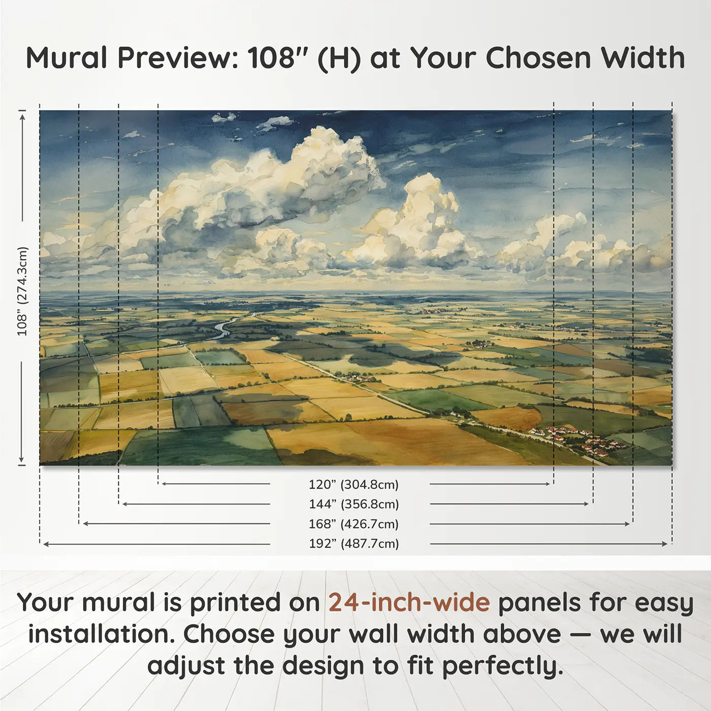 Panel layout and dimensions for Cloud Shadow Patchwork Wallpaper Mural by Whimsy Tots