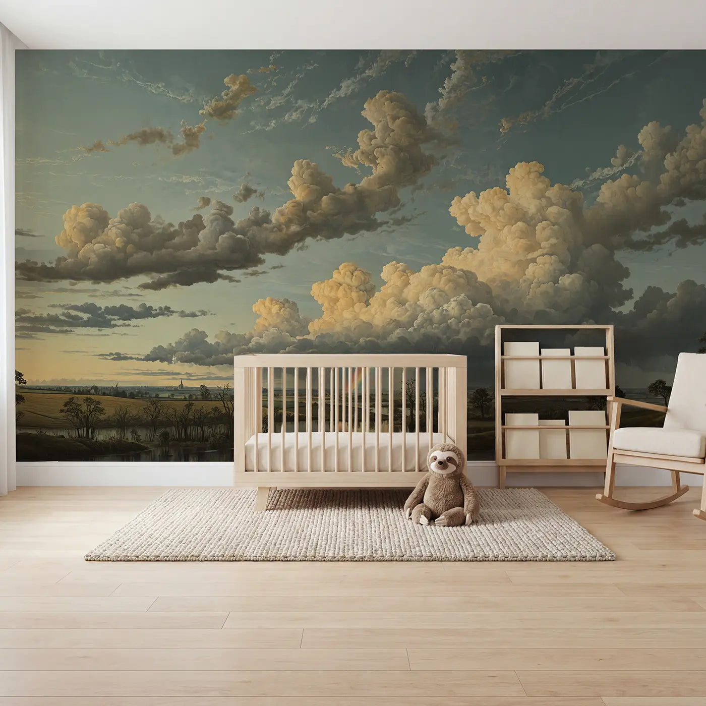 Botanical elegance cloud and bird wallpaper mural for kids room by Whimsy Tots