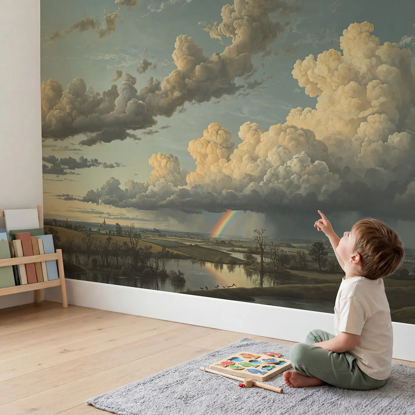 Child in nursery with Mammatus Storm Cloud Sky Wallpaper Mural by Whimsy Tots