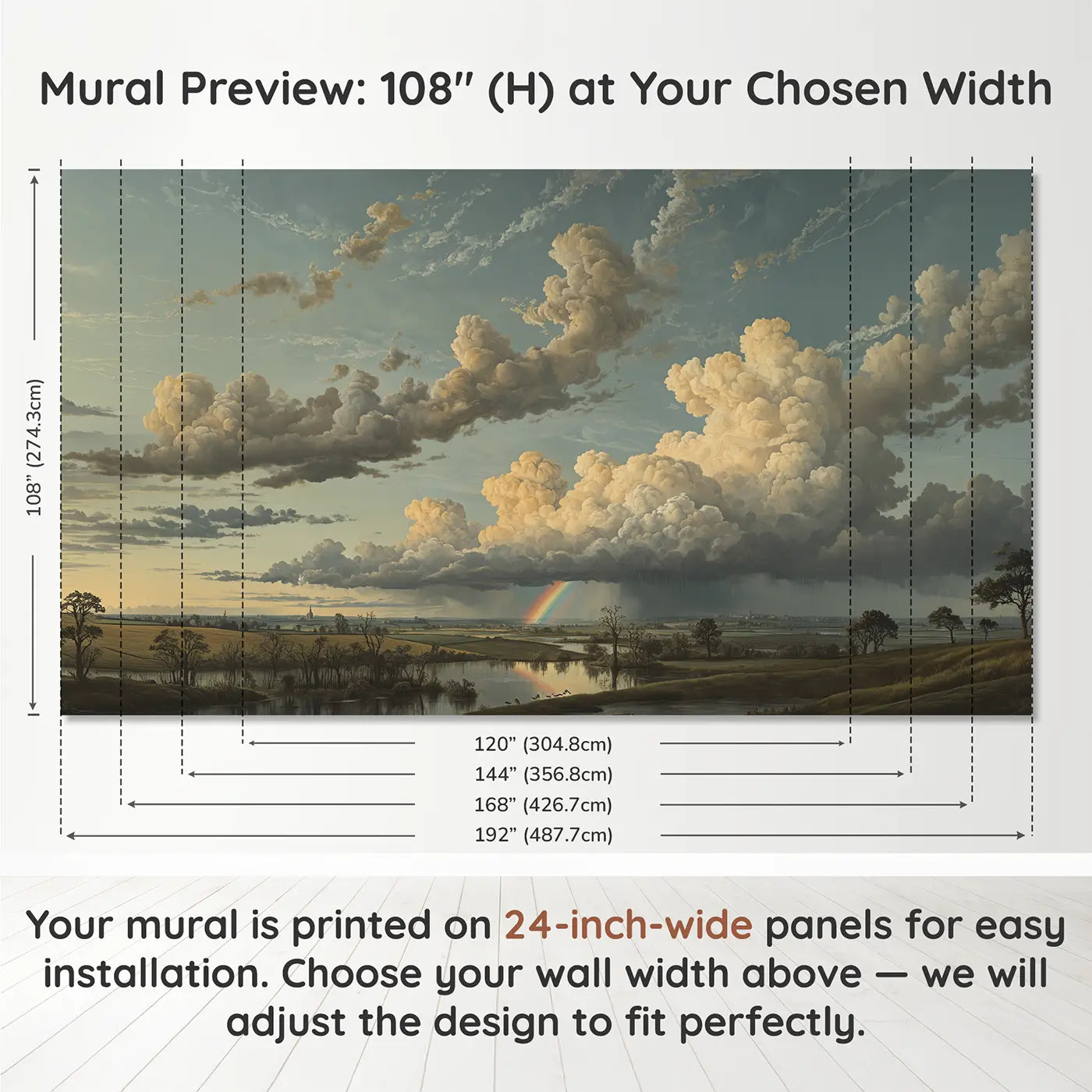 Panel layout and dimensions for Mammatus Storm Cloud Sky Wallpaper Mural by Whimsy Tots