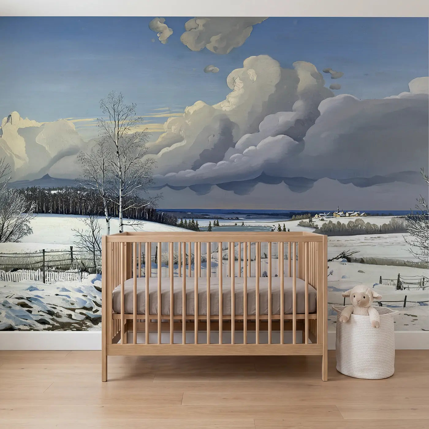 modern illustration winter snow clouds approaching landscape mural for nursery by Whimsy Tots