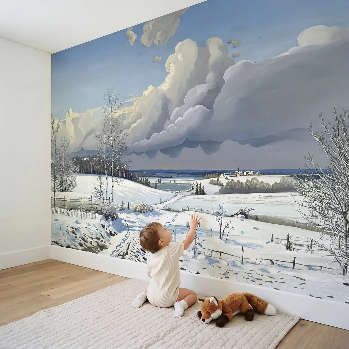Child in nursery with Winter Snow Clouds Approaching Wallpaper Mural by Whimsy Tots