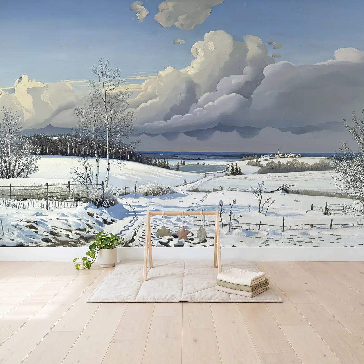 Winter Snow Clouds Approaching Wallpaper Mural in playroom setting by Whimsy Tots