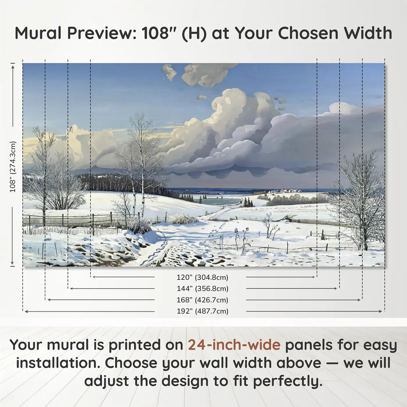 Panel layout and dimensions for Winter Snow Clouds Approaching Wallpaper Mural by Whimsy Tots