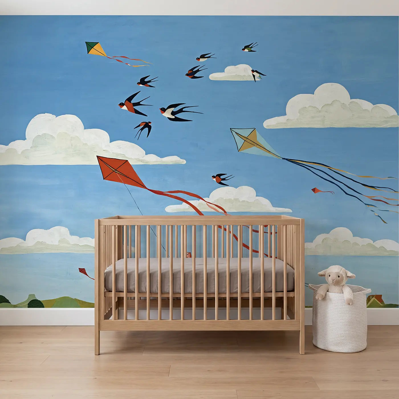Modern illustration kites birds breezy sky wallpaper mural for nursery by Whimsy Tots