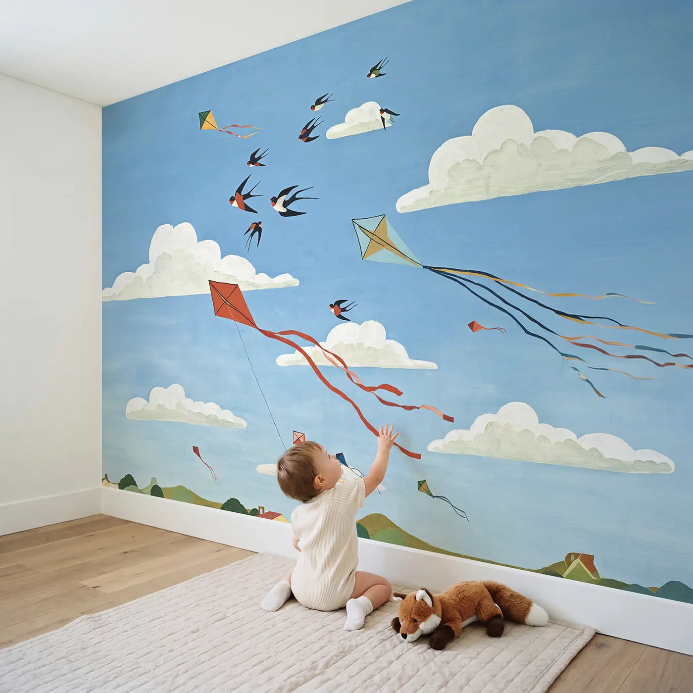 Child in nursery with Kites and Birds Breezy Sky Wallpaper Mural by Whimsy Tots