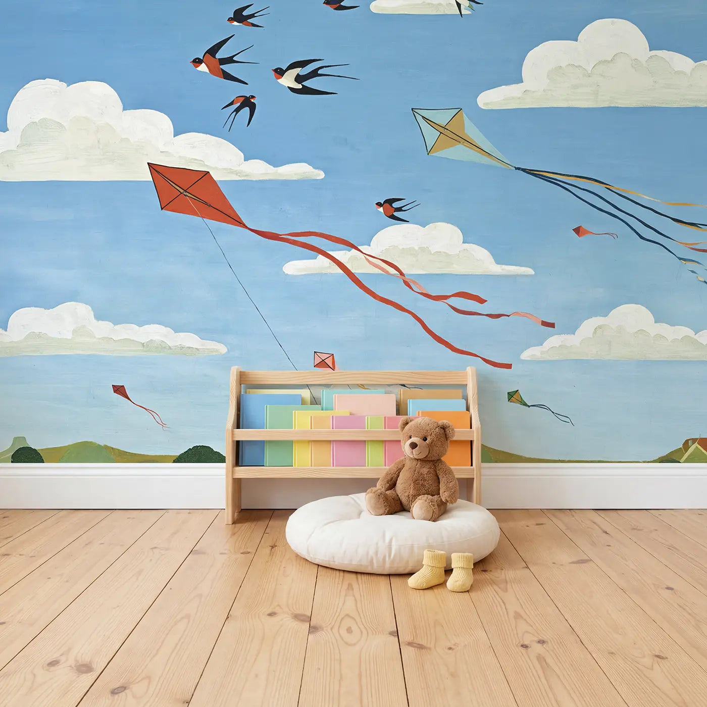 Kites and Birds Breezy Sky Wallpaper Mural in playroom setting by Whimsy Tots